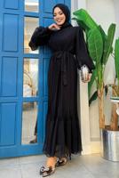 Tesettür giyim SİYAH KUŞAKLI PİLİSELİ ELBİSE T 4973