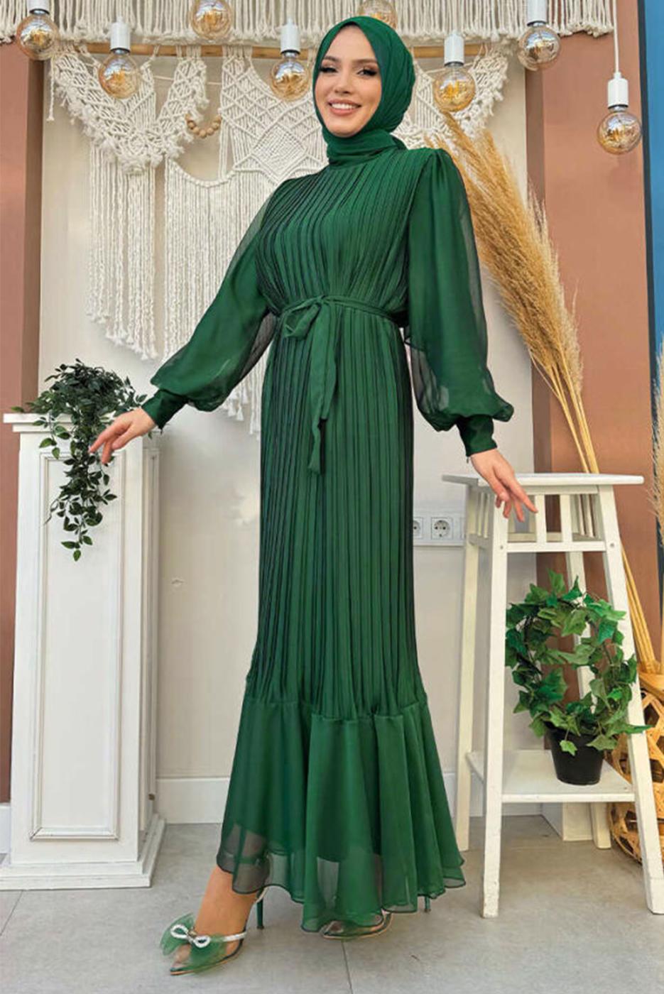 Tesettür giyim YEŞİL KUŞAKLI PİLİSELİ ELBİSE T 4973