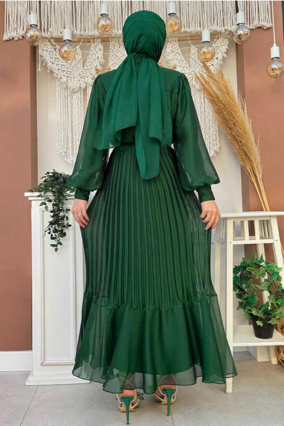 Tesettür giyim YEŞİL KUŞAKLI PİLİSELİ ELBİSE T 4973