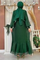 Tesettür giyim YEŞİL KUŞAKLI PİLİSELİ ELBİSE T 4973