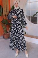 Tesettür giyim SİYAH KUŞAKLI DESENLİ ELBİSE T 50021