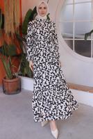 Tesettür giyim EKRU KUŞAKLI DESENLİ ELBİSE T 50021