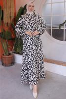 Tesettür giyim EKRU KUŞAKLI DESENLİ ELBİSE T 50021