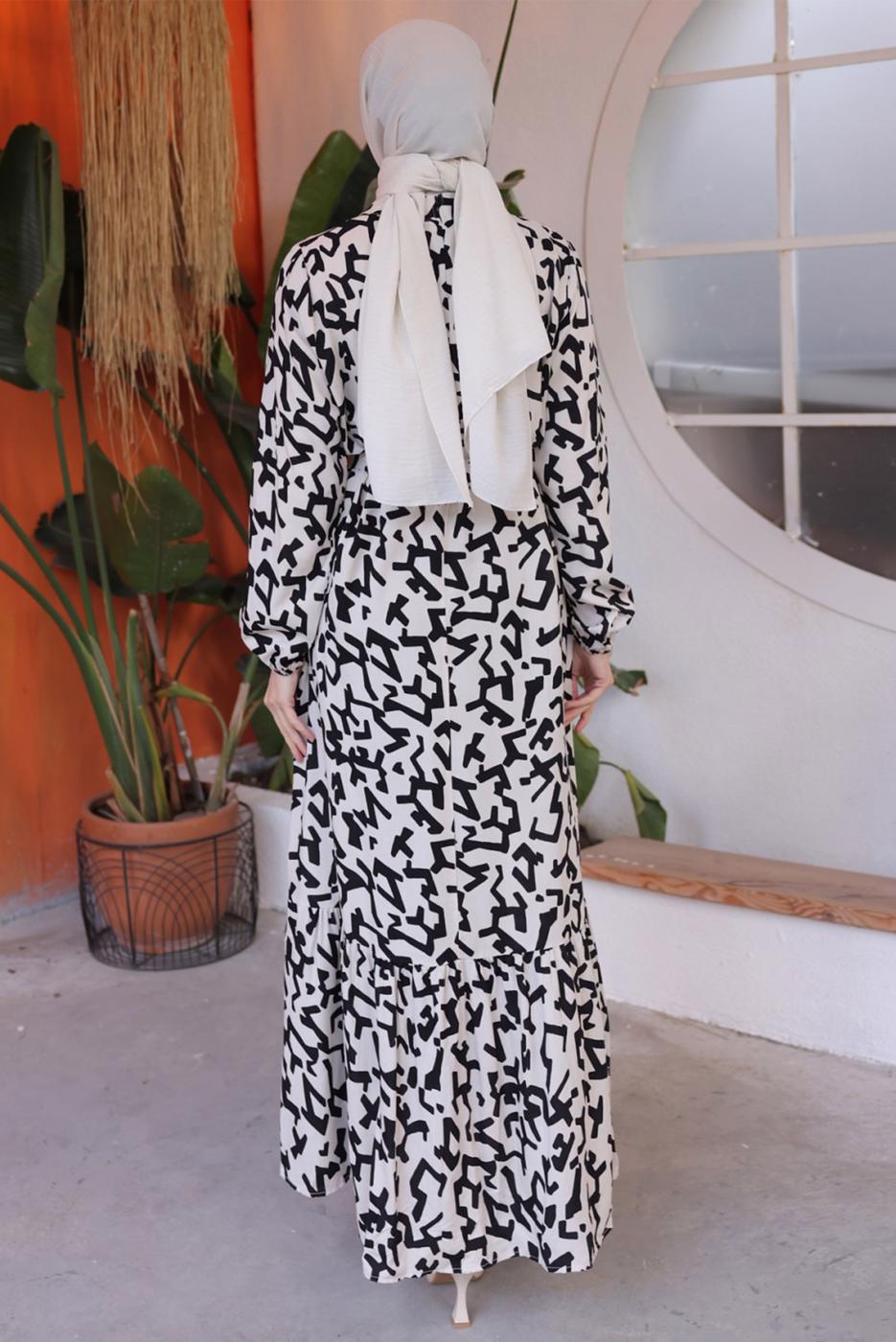 Tesettür giyim EKRU KUŞAKLI DESENLİ ELBİSE T 50021
