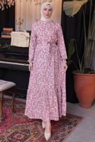 Tesettür giyim PEMBE KUŞAKLI DESENLİ ELBİSE T 50021