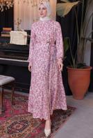 Tesettür giyim PEMBE KUŞAKLI DESENLİ ELBİSE T 50021