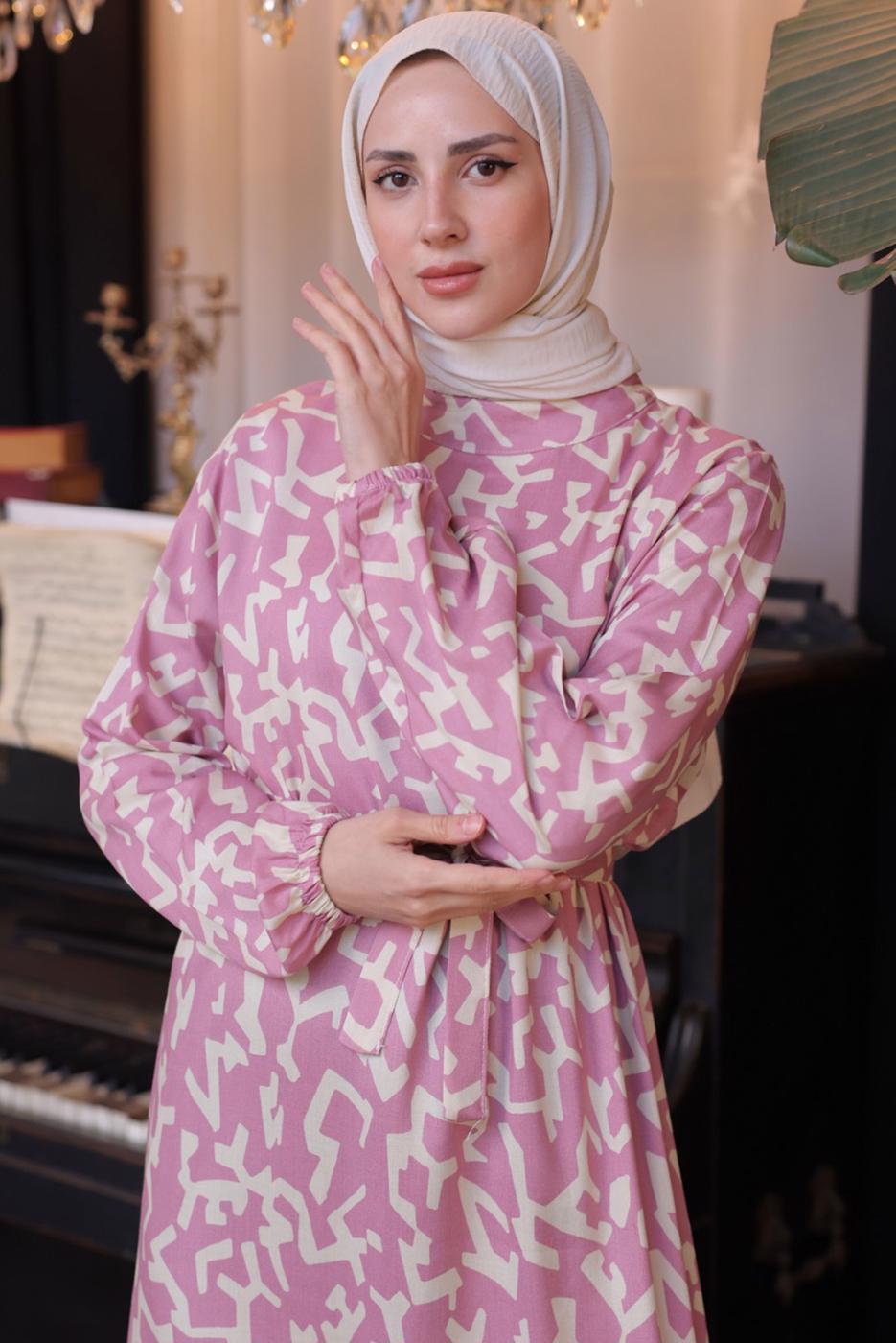 Tesettür giyim PEMBE KUŞAKLI DESENLİ ELBİSE T 50021