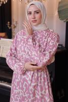 Tesettür giyim PEMBE KUŞAKLI DESENLİ ELBİSE T 50021