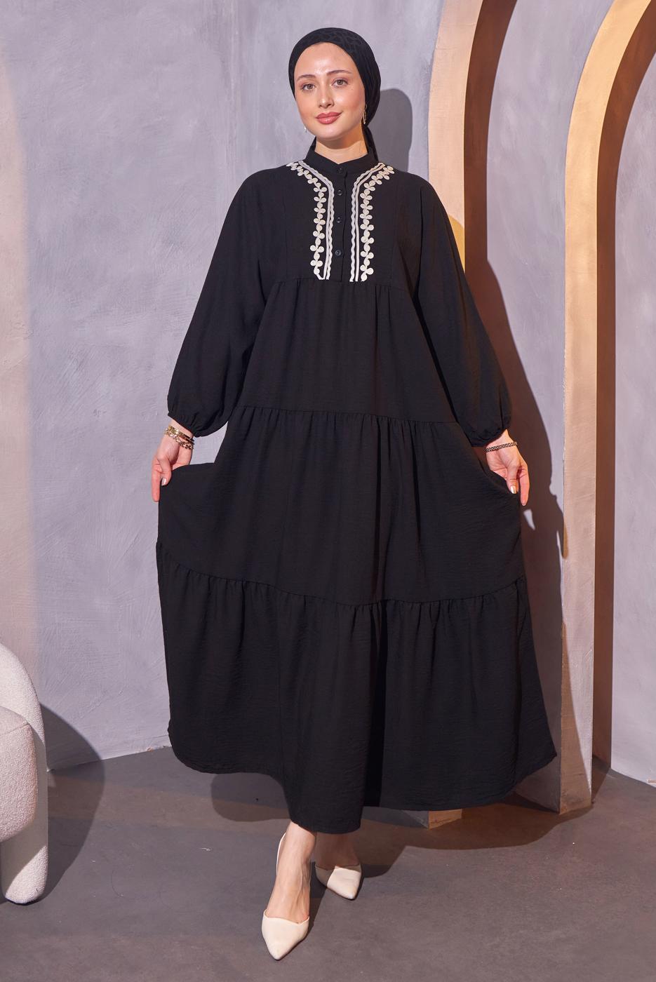 Tesettür giyim SİYAH SALAŞ TESETTÜR ELBİSE T 5114