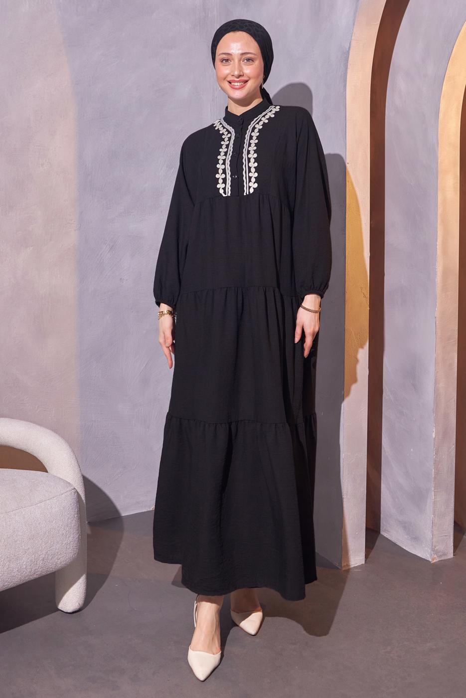Tesettür giyim SİYAH SALAŞ TESETTÜR ELBİSE T 5114