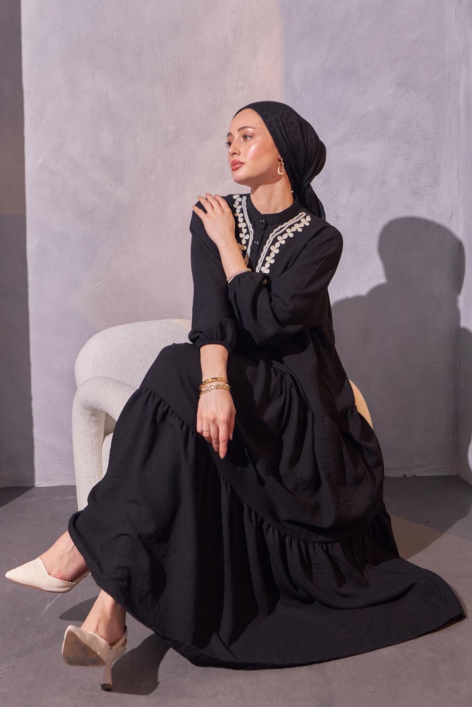 Tesettür giyim SİYAH SALAŞ TESETTÜR ELBİSE T 5114