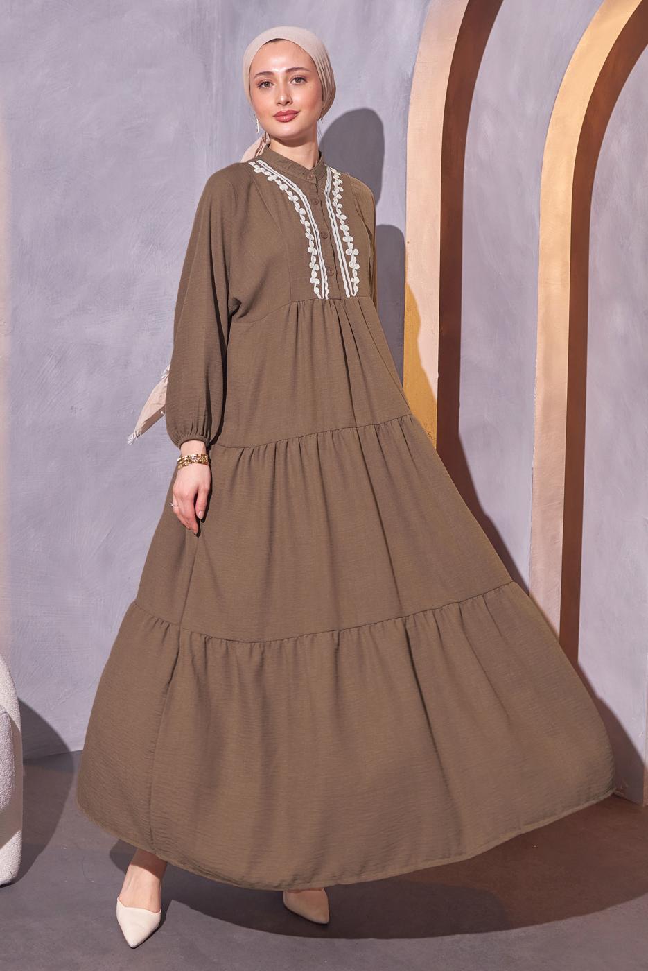 Tesettür giyim KAHVE SALAŞ TESETTÜR ELBİSE T 5114