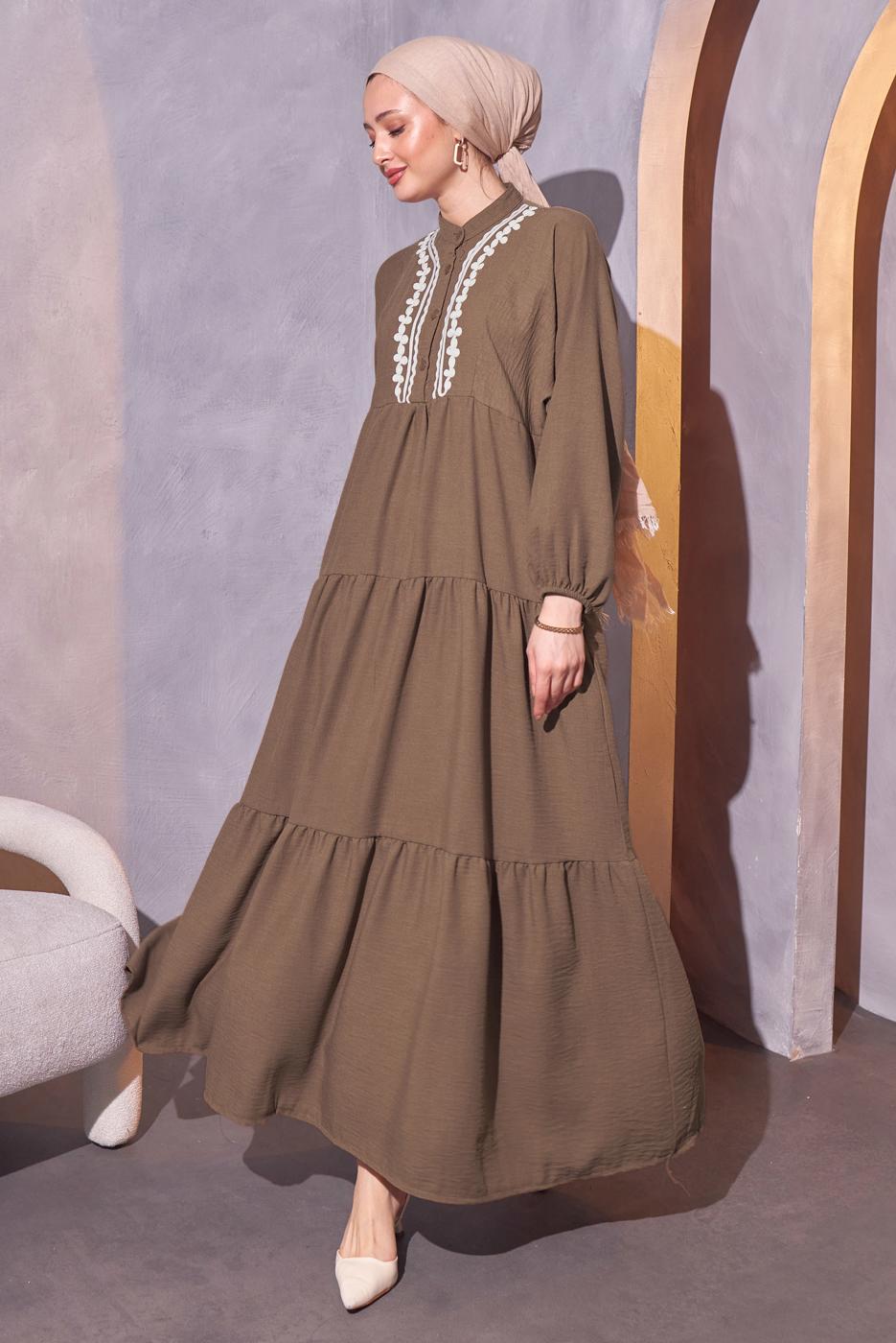 Tesettür giyim KAHVE SALAŞ TESETTÜR ELBİSE T 5114