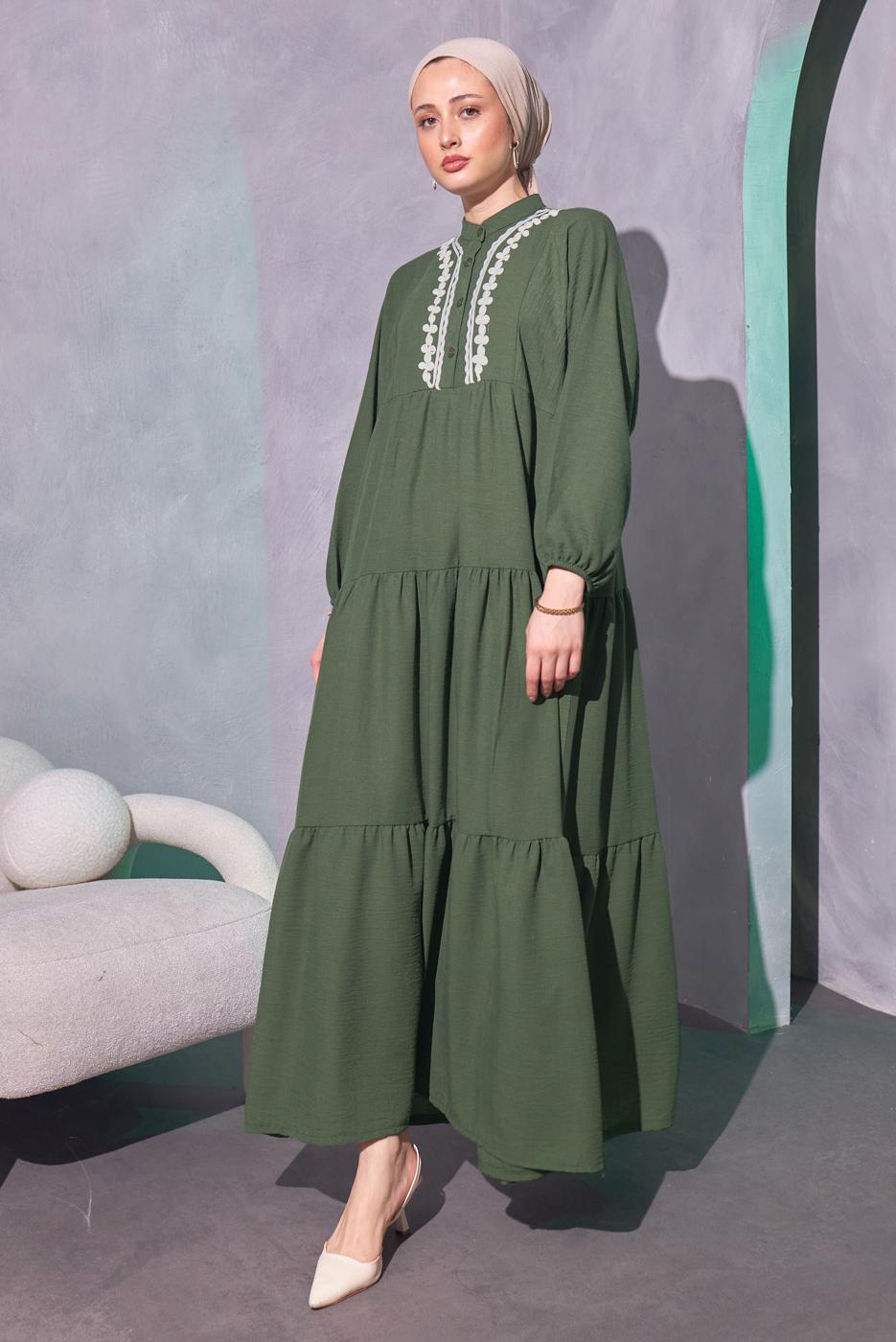 Tesettür giyim HAKİ SALAŞ TESETTÜR ELBİSE T 5114