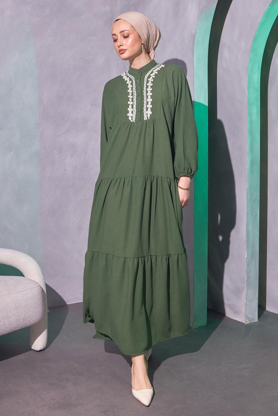 Tesettür giyim HAKİ SALAŞ TESETTÜR ELBİSE T 5114