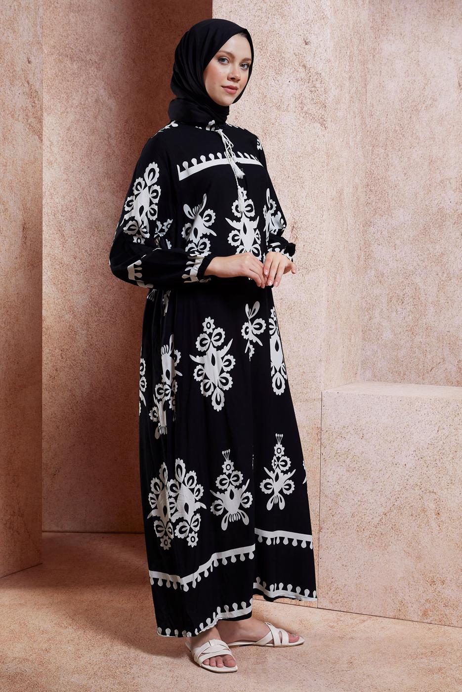Vêtements hijab CRÈME ROBE MODESTE À MOTIFS T 5232