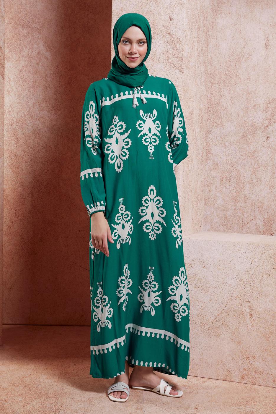 Vêtements hijab CRÈME ROBE MODESTE À MOTIFS T 5232