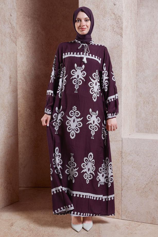 Vêtements hijab CRÈME ROBE MODESTE À MOTIFS T 5232 - TRENDTESETTÜR