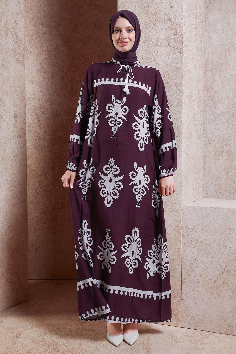 Vêtements hijab CRÈME ROBE MODESTE À MOTIFS T 5232