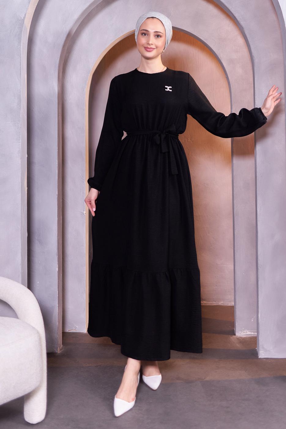Tesettür giyim SİYAH KUŞAKLI ELBİSE T 5283