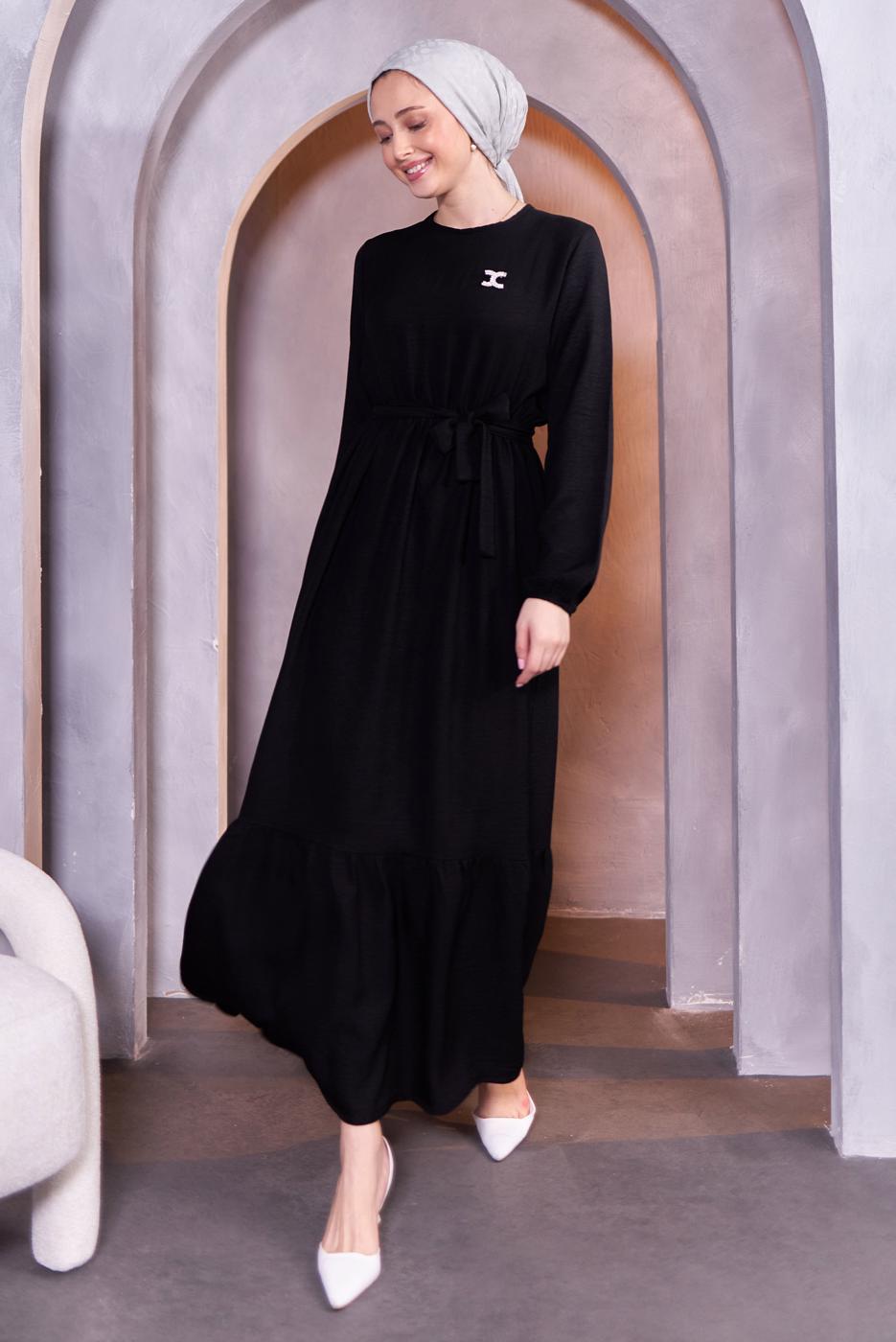 Tesettür giyim SİYAH KUŞAKLI ELBİSE T 5283