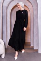 Tesettür giyim SİYAH KUŞAKLI ELBİSE T 5283