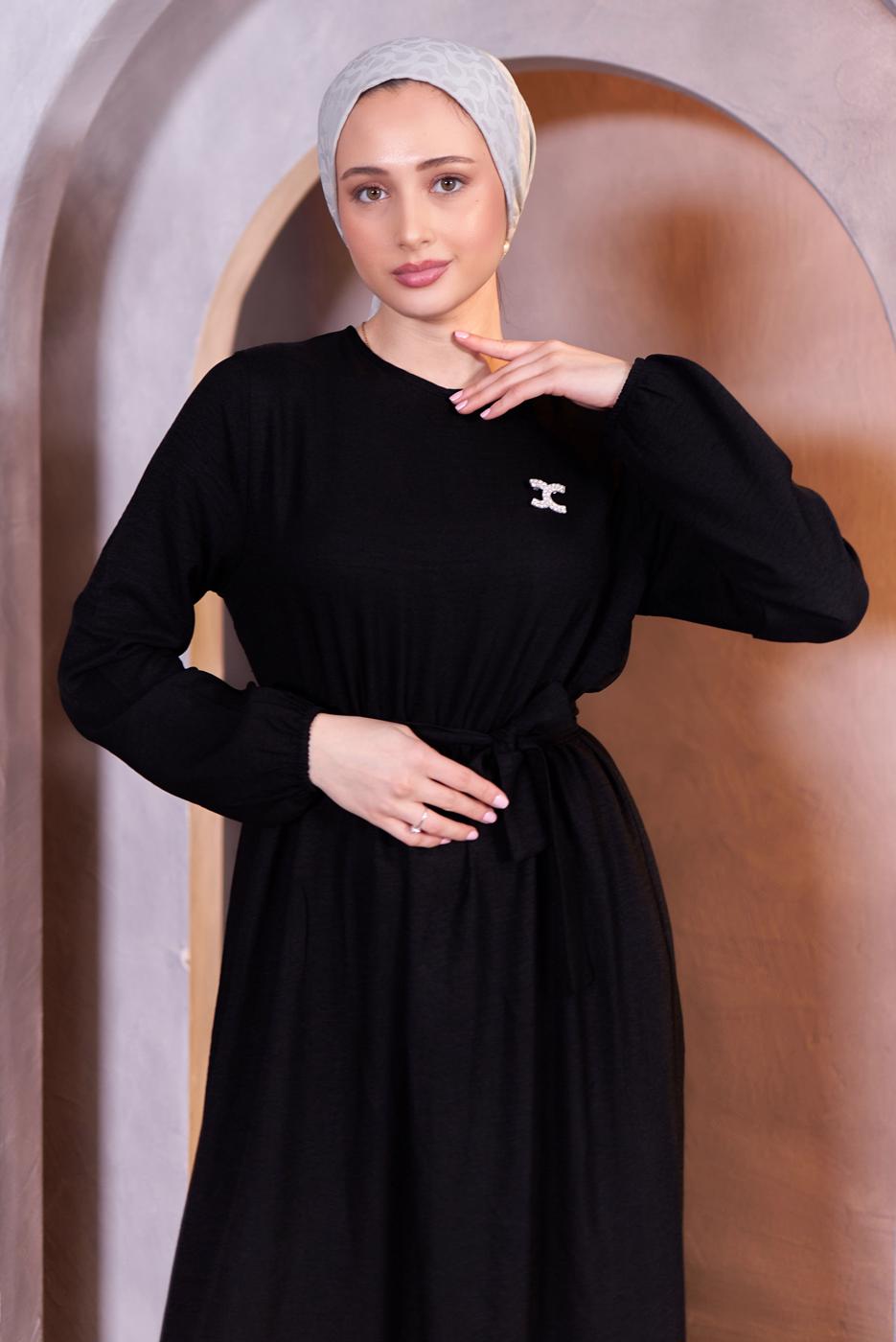 Tesettür giyim SİYAH KUŞAKLI ELBİSE T 5283