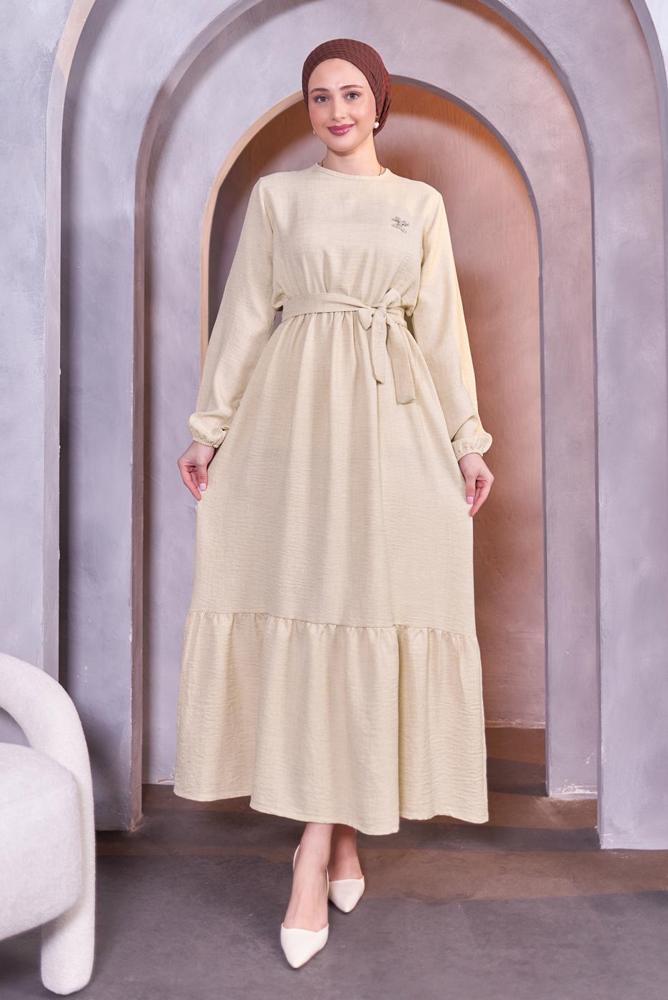 Tesettür giyim BEJ KUŞAKLI ELBİSE T 5283