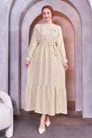 Tesettür giyim BEJ KUŞAKLI ELBİSE T 5283