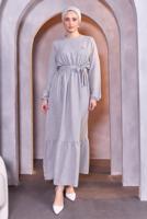 Tesettür giyim GRİ KUŞAKLI ELBİSE T 5283