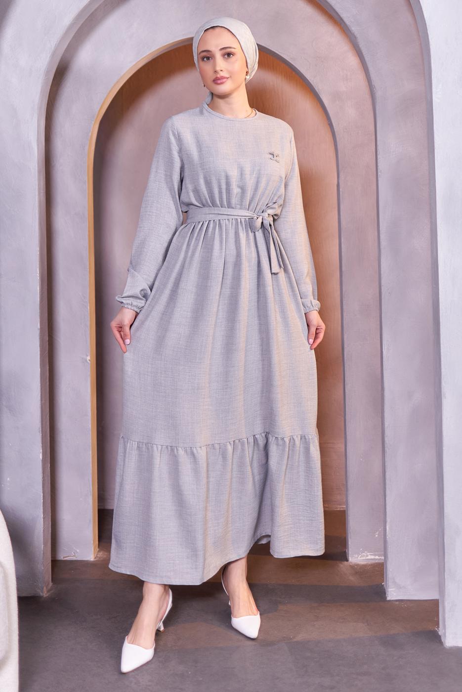 Tesettür giyim GRİ KUŞAKLI ELBİSE T 5283