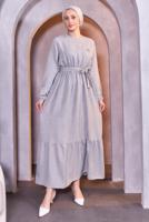 Tesettür giyim GRİ KUŞAKLI ELBİSE T 5283