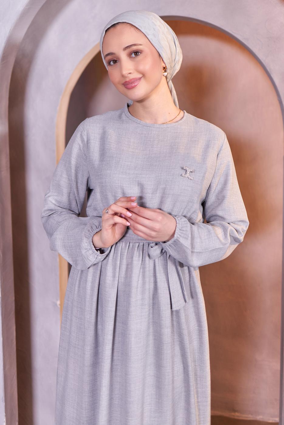 Tesettür giyim GRİ KUŞAKLI ELBİSE T 5283