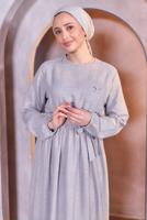 Tesettür giyim GRİ KUŞAKLI ELBİSE T 5283