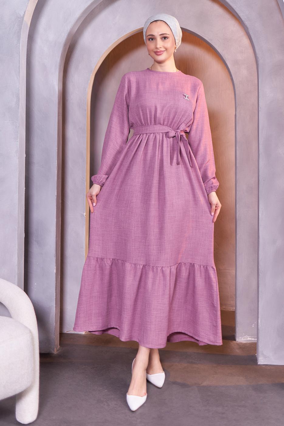 Tesettür giyim MOR KUŞAKLI ELBİSE T 5283
