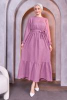 Tesettür giyim MOR KUŞAKLI ELBİSE T 5283