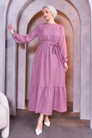 Tesettür giyim MOR KUŞAKLI ELBİSE T 5283