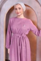 Tesettür giyim MOR KUŞAKLI ELBİSE T 5283