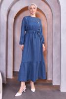 Tesettür giyim LACİVERT KUŞAKLI ELBİSE T 5283