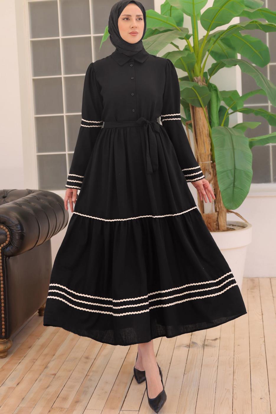 Tesettür giyim SİYAH KUŞAKLI PAMUKLU ELBİSE T 5302