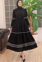 Tesettür giyim SİYAH KUŞAKLI PAMUKLU ELBİSE T 5302