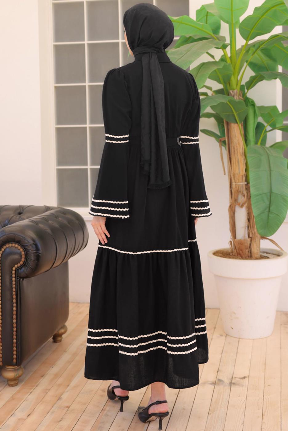 Tesettür giyim SİYAH KUŞAKLI PAMUKLU ELBİSE T 5302