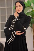 Tesettür giyim SİYAH KUŞAKLI PAMUKLU ELBİSE T 5302