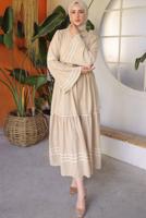 Tesettür giyim BEJ KUŞAKLI PAMUKLU ELBİSE T 5302