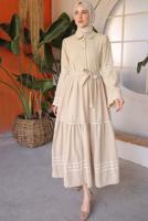 Tesettür giyim BEJ KUŞAKLI PAMUKLU ELBİSE T 5302