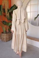 Tesettür giyim BEJ KUŞAKLI PAMUKLU ELBİSE T 5302