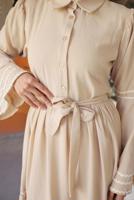 Tesettür giyim BEJ KUŞAKLI PAMUKLU ELBİSE T 5302