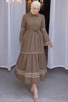 Tesettür giyim KAHVE KUŞAKLI PAMUKLU ELBİSE T 5302