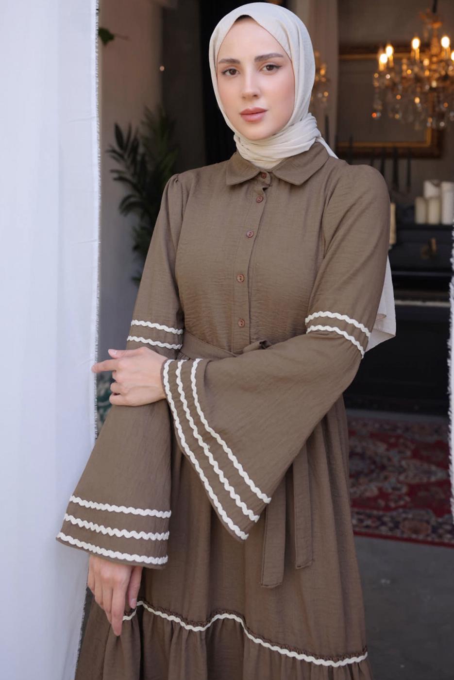 Tesettür giyim KAHVE KUŞAKLI PAMUKLU ELBİSE T 5302