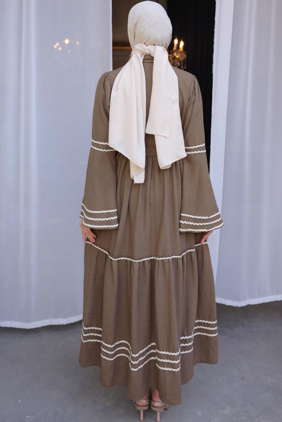 Tesettür giyim KAHVE KUŞAKLI PAMUKLU ELBİSE T 5302